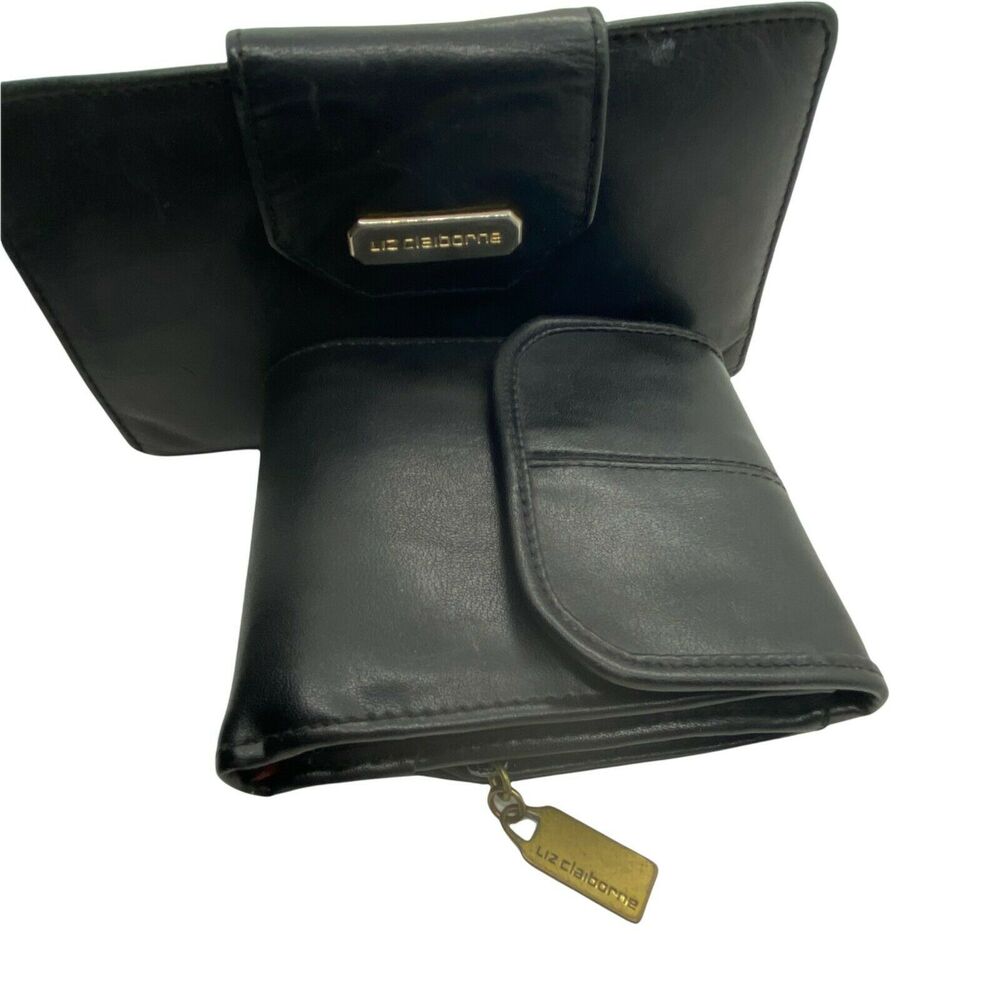 90s Liz Claiborne Wallet Womens Black Leather Clutch Bifold 4" X 7" Set Of 2 Vtg